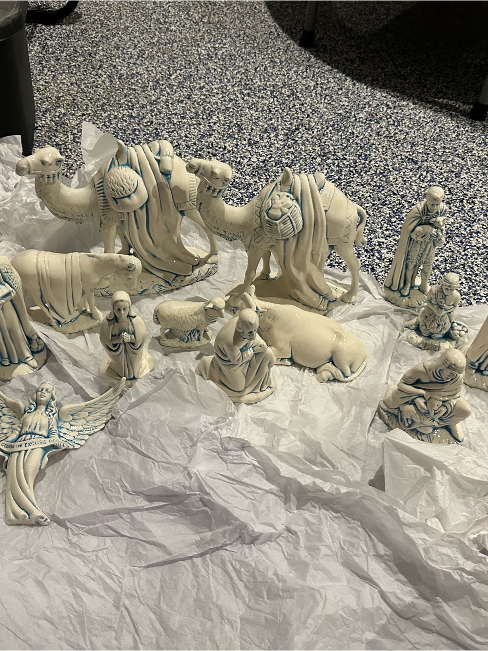 Hand-Painted Ceramic Nativity Set in Ivory with Blue Highlights ( no baby Jesus